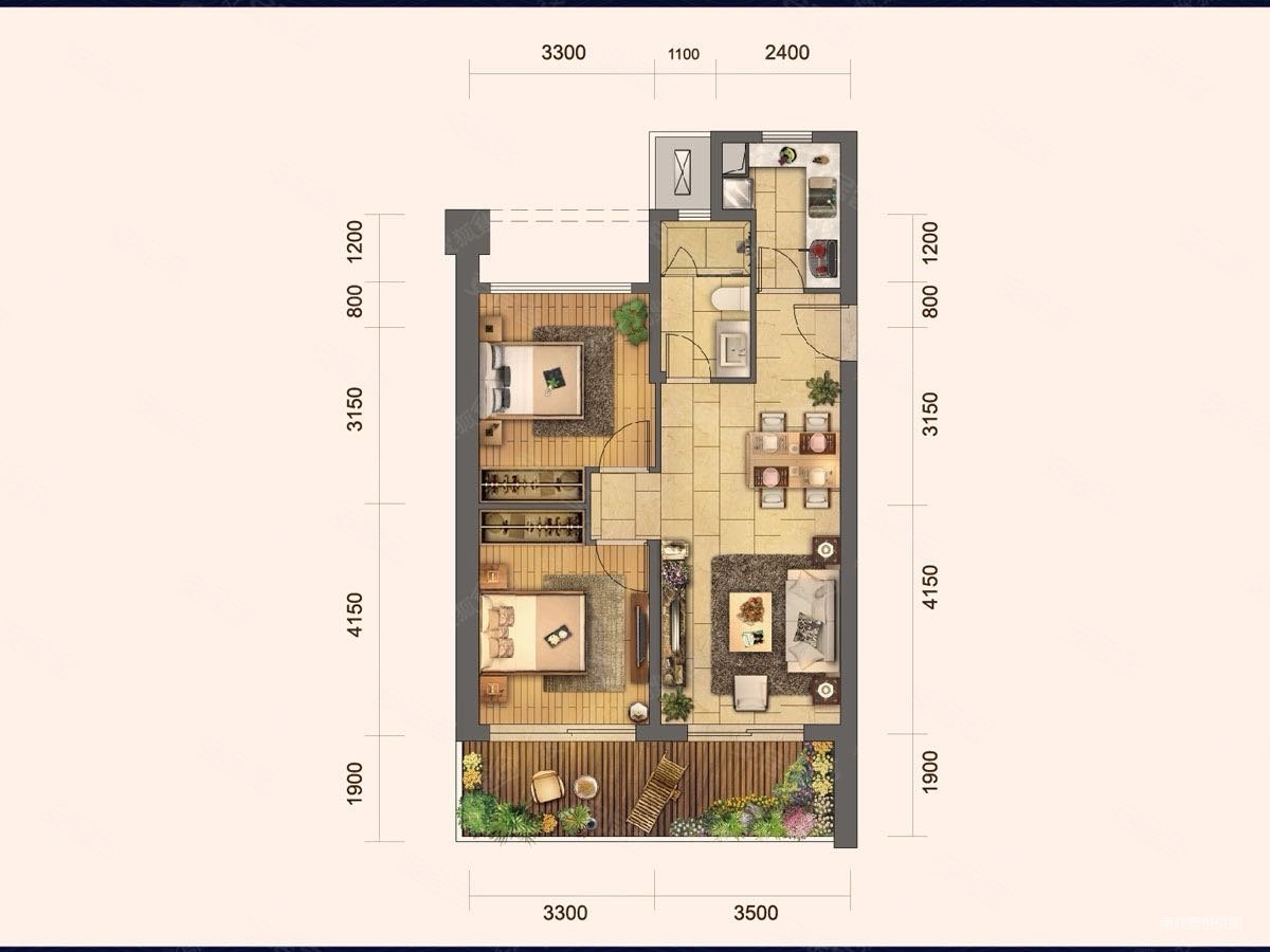 海棠中央2室1厅1卫80㎡南北350万