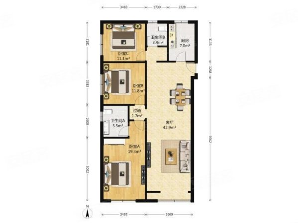 金隅万科城3室2厅2卫145.94㎡南北580万