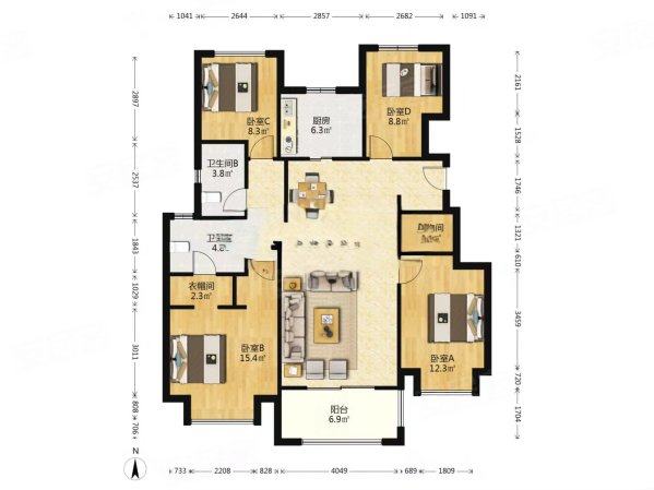 崧泽华城融悦四季苑4室2厅2卫131.89㎡南北530万