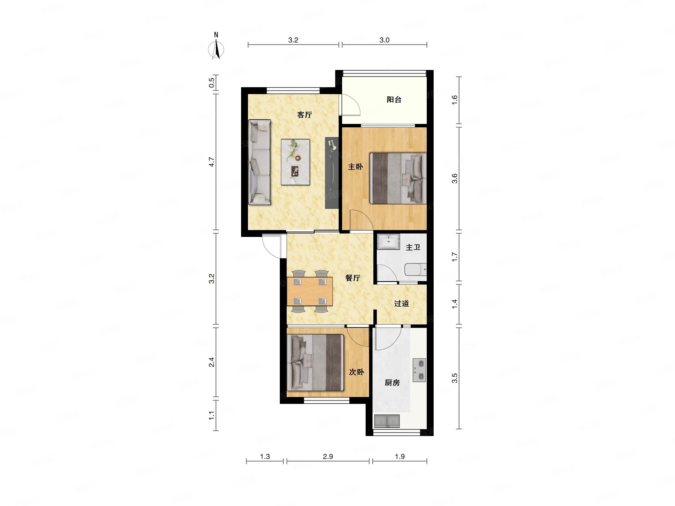 一安家属院2室2厅1卫72.5㎡南北94万