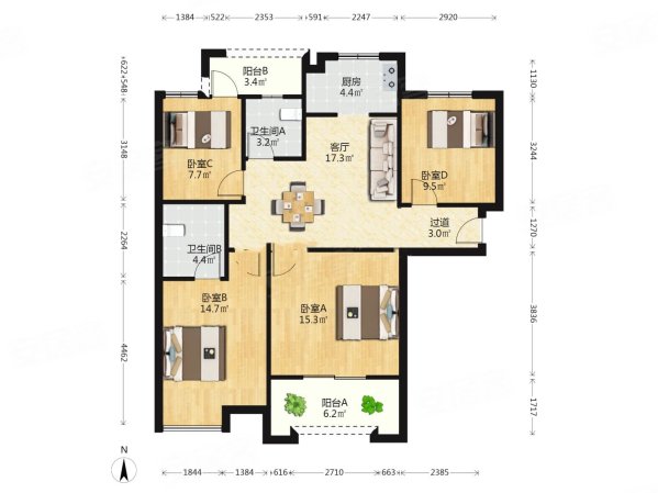 统建新干线3室2厅2卫118.17㎡南北129万