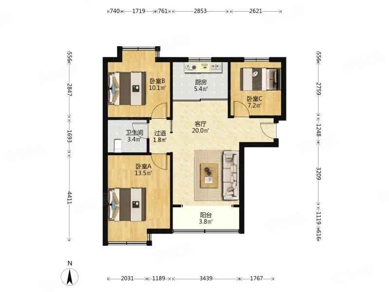 低总价南北套三厅 启元 超银 没有个税 中间楼座 中间