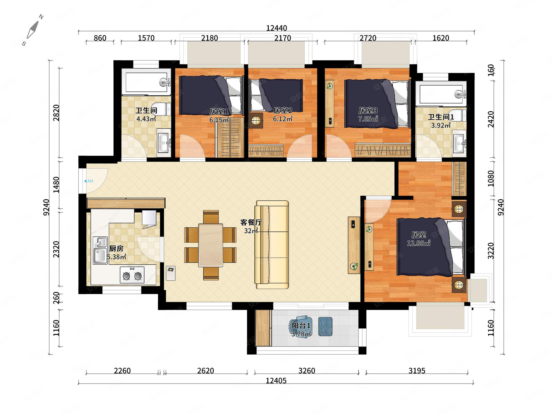 万樾府4室2厅2卫111.77㎡南北380万