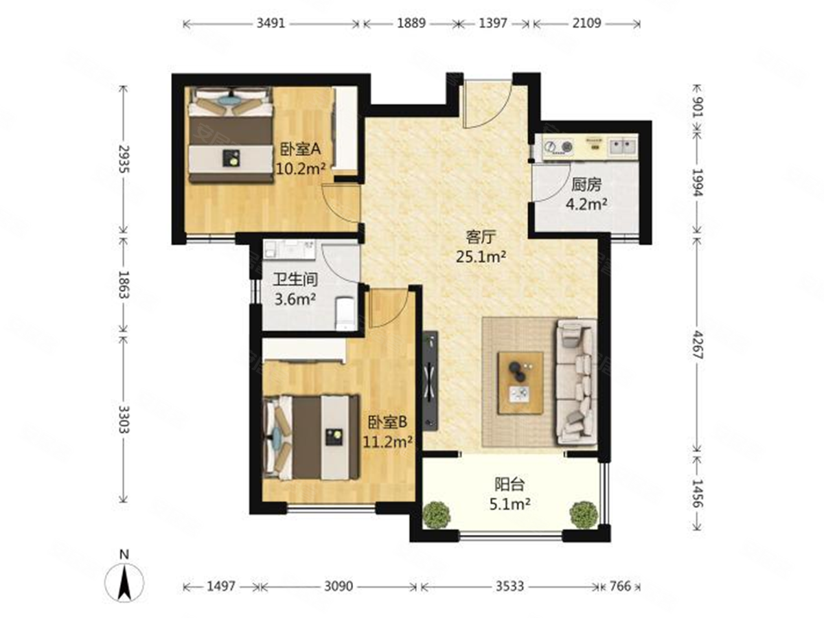 鑫苑鑫城2室2廳1衛83.98㎡南北168萬