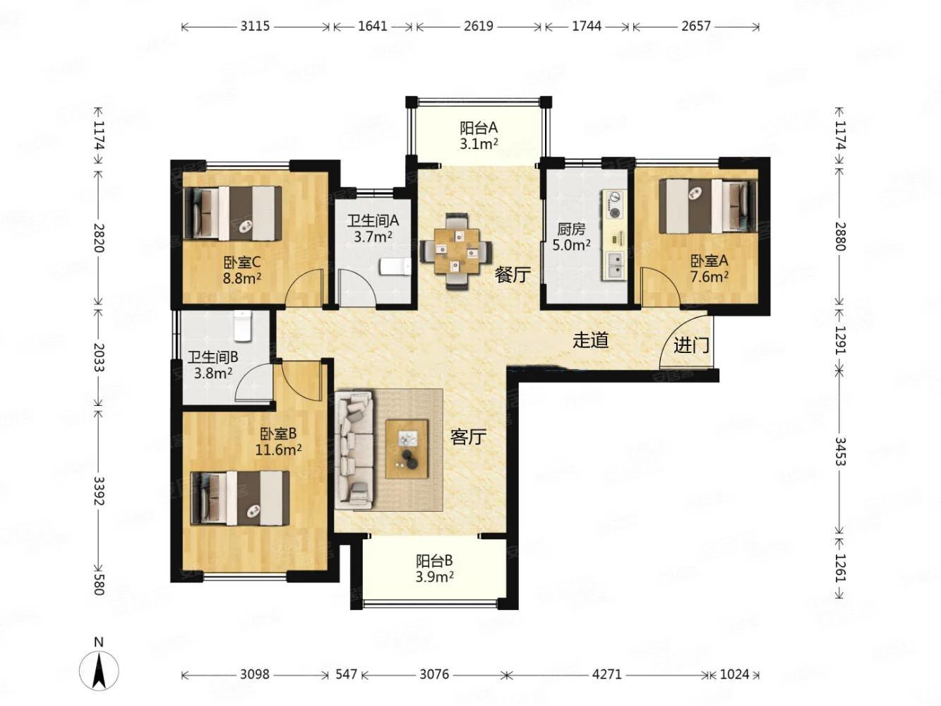 湘核新家园3室2厅2卫120.28㎡南北120万