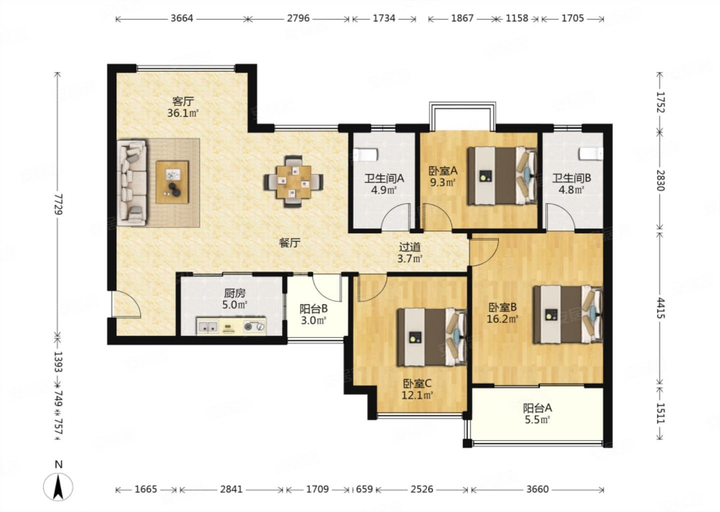 恒大绿洲3室2厅2卫125.62㎡南北167万