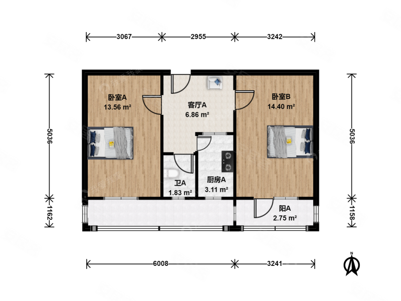 樱花园小区2室1厅1卫53.35㎡南340万