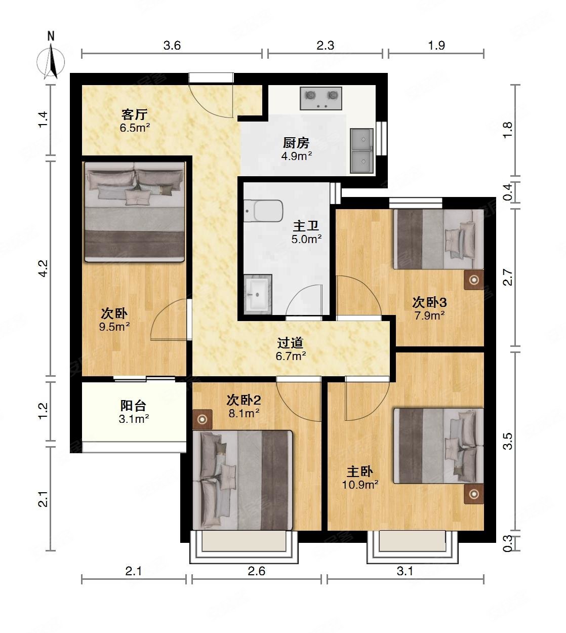 东原晴天见3室2厅1卫87㎡南北135万