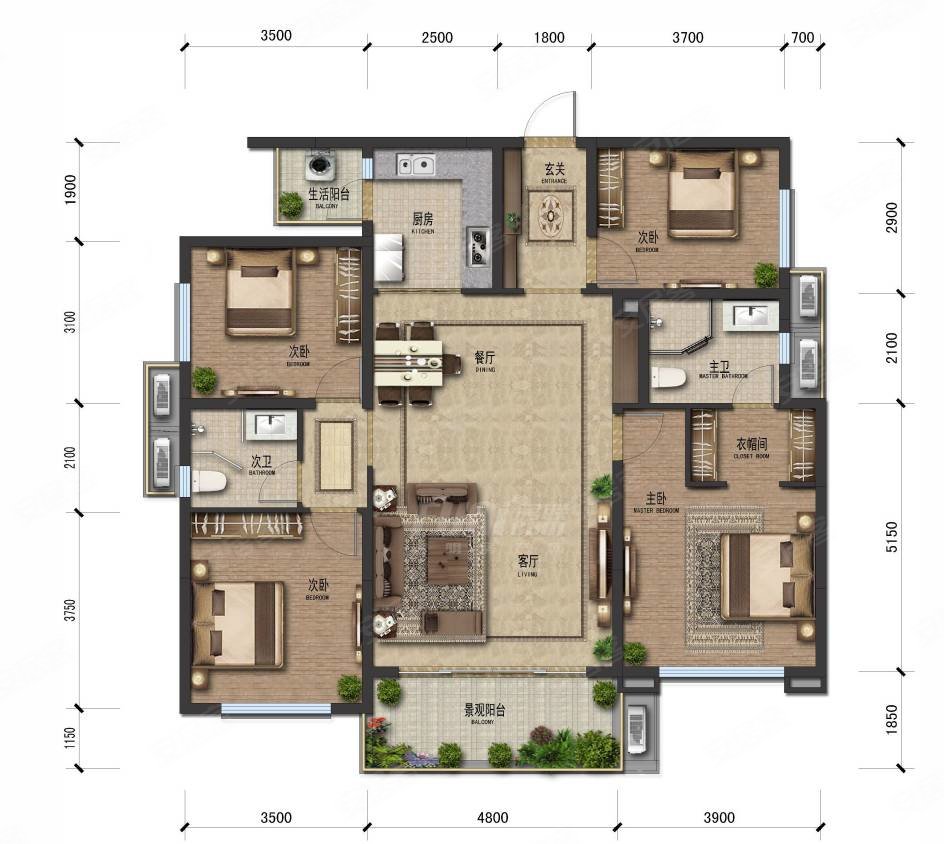 香门第南区精装套四双卫飞机户型从未住过人