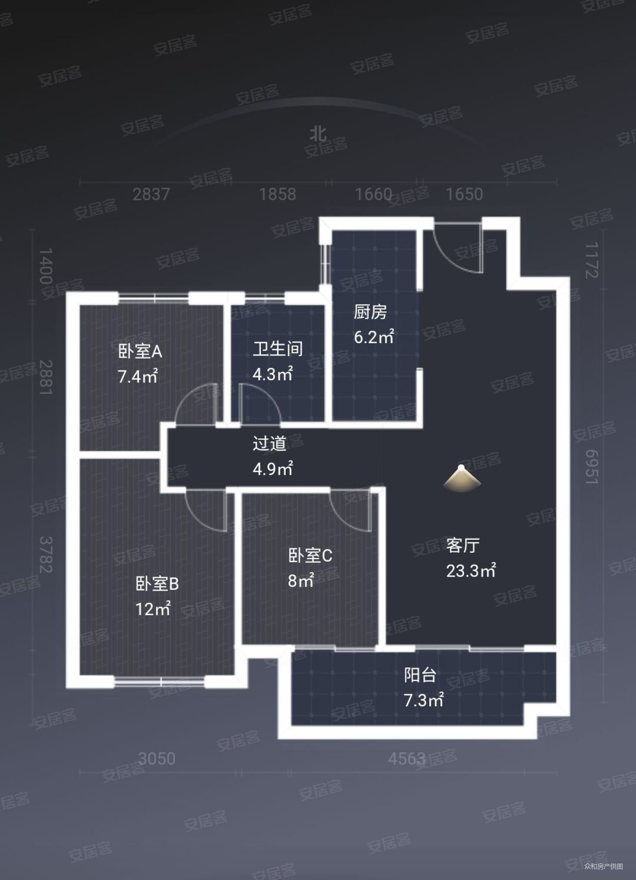 龙湖上城3室2厅1卫97㎡南北75万