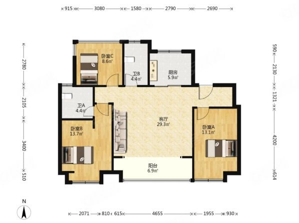 高尔夫鑫苑3室2厅2卫108㎡南北225万