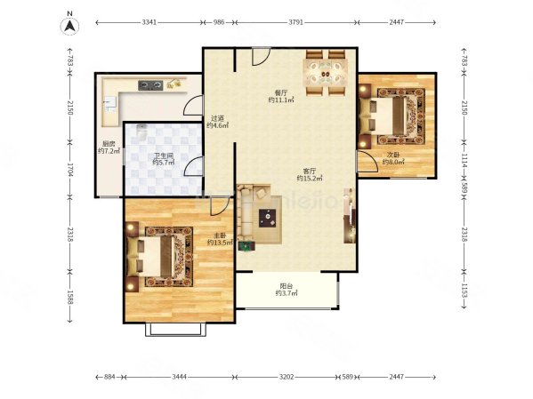 红磡领世郡常春藤2室2厅1卫88.15㎡南北150万