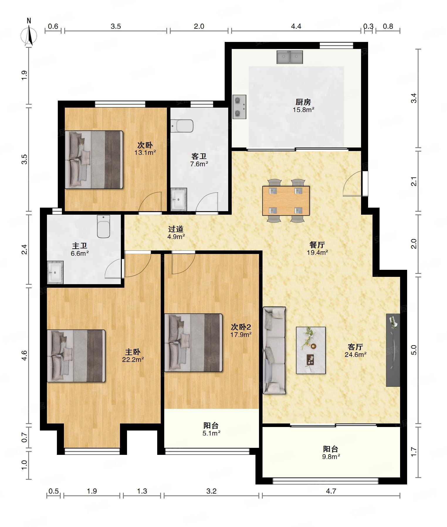 天泽园120万元12833室2厅2卫2阳台精装南
