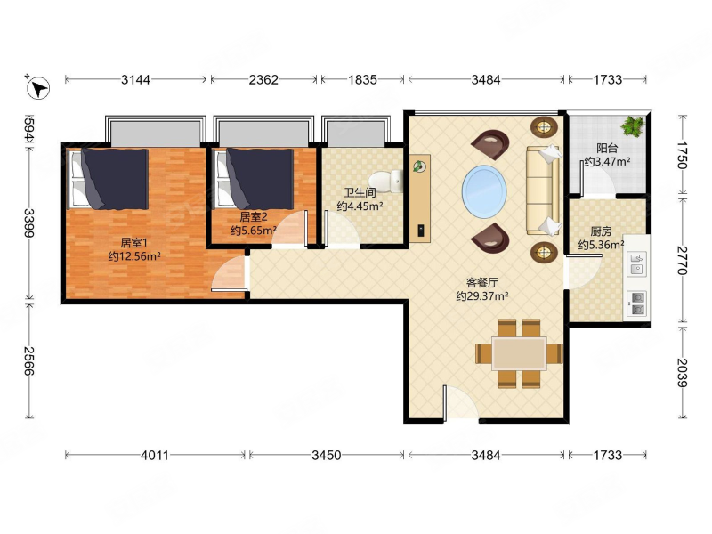 宝生Midtown2室2厅1卫82.94㎡东北748万