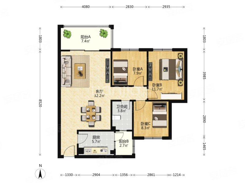 橄榄郡(新都)3室2厅1卫96.58㎡南103万
