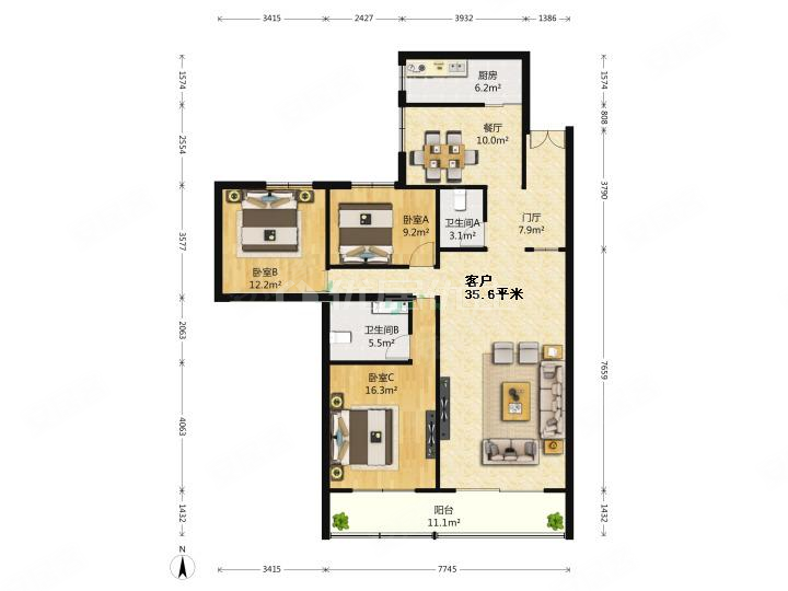 望京西园三区3室2厅2卫149.99㎡南北890万