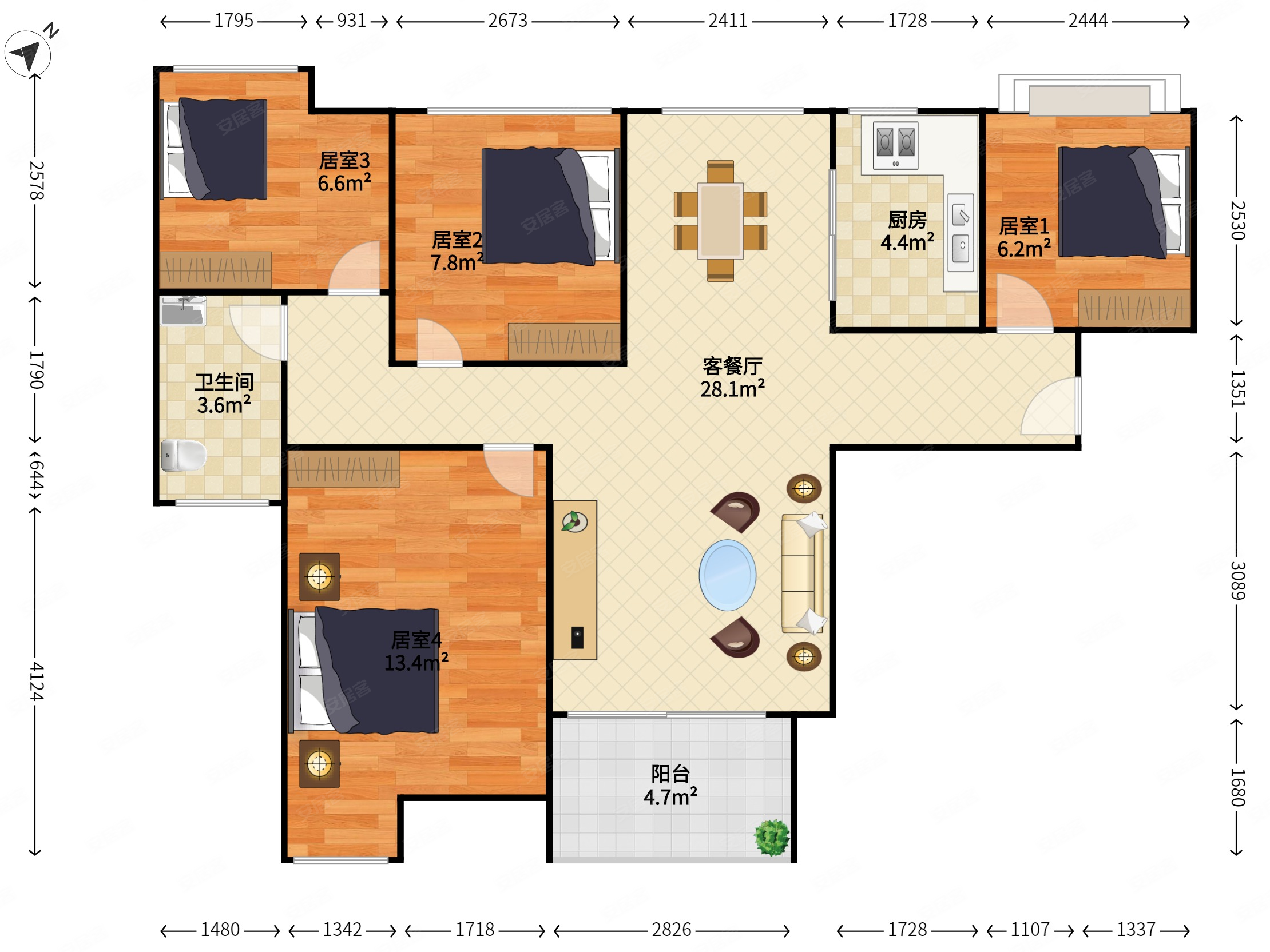 华丰前海湾(二期)4室2厅1卫88.95㎡南北0万