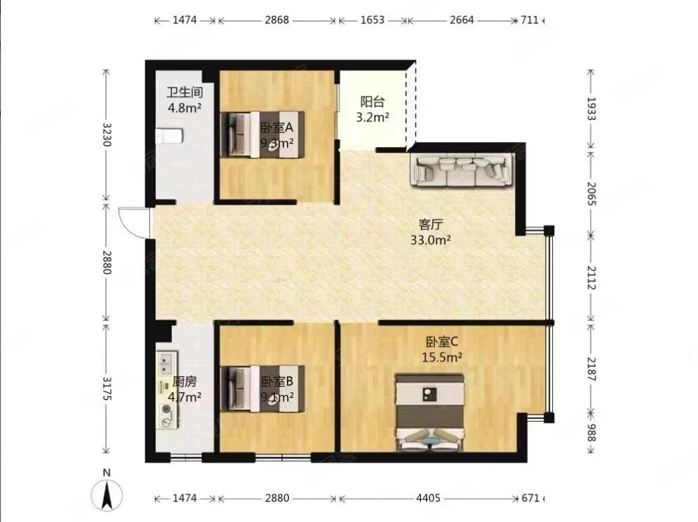 长水航城云粹苑3室2厅2卫94.69㎡西45万