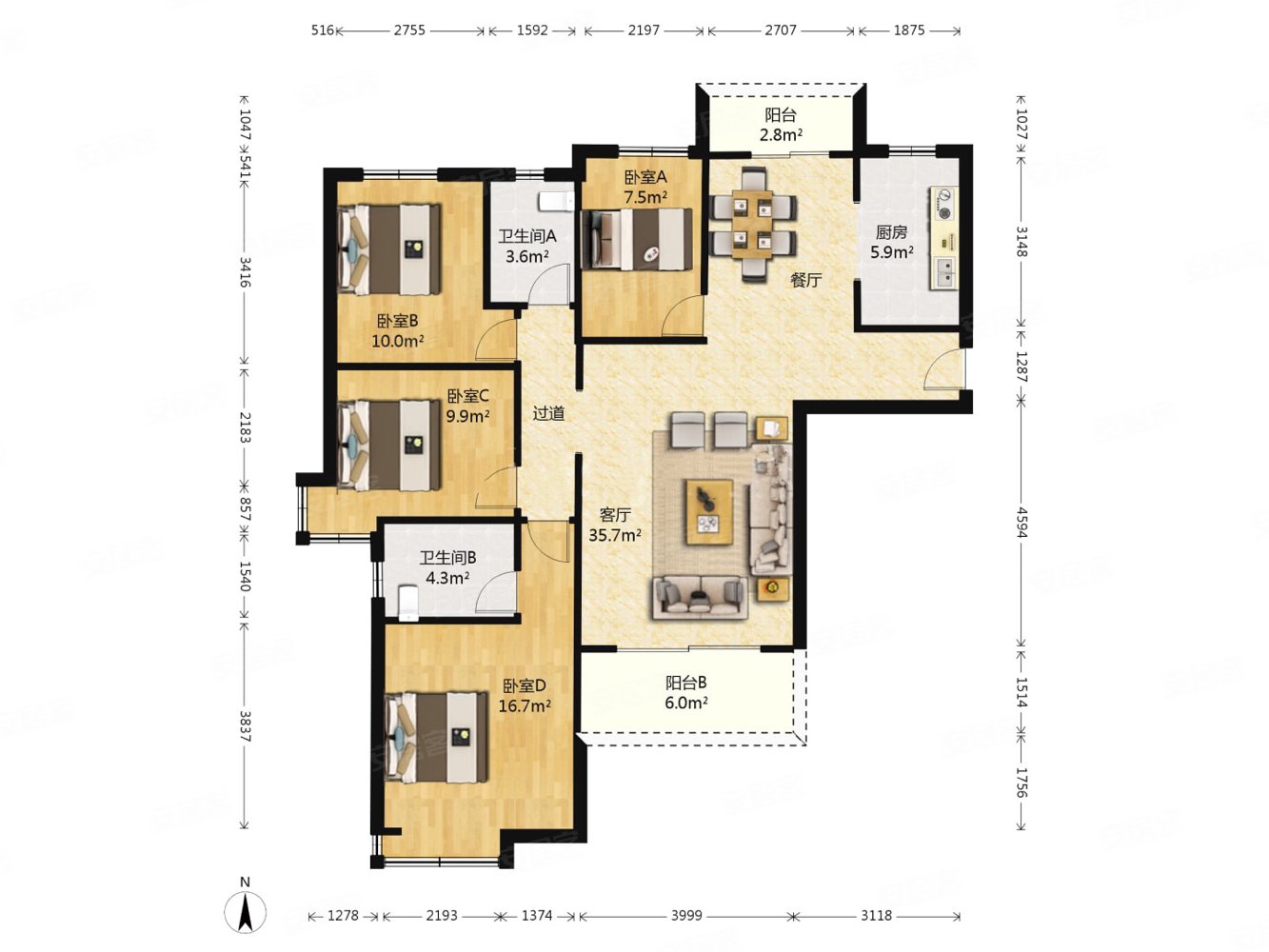 南北双阳台  户型!新出四房业主诚心,看房随时有钥匙