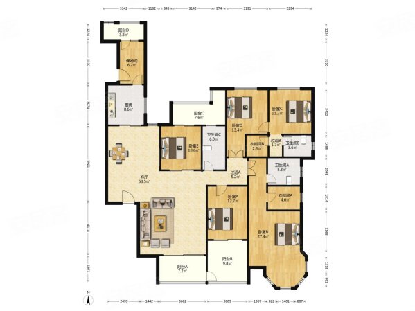 第六都5室2厅3卫251.39㎡南北580万