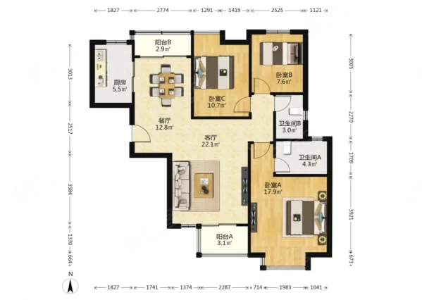 珠江新城南区3室2厅2卫113㎡南北140万