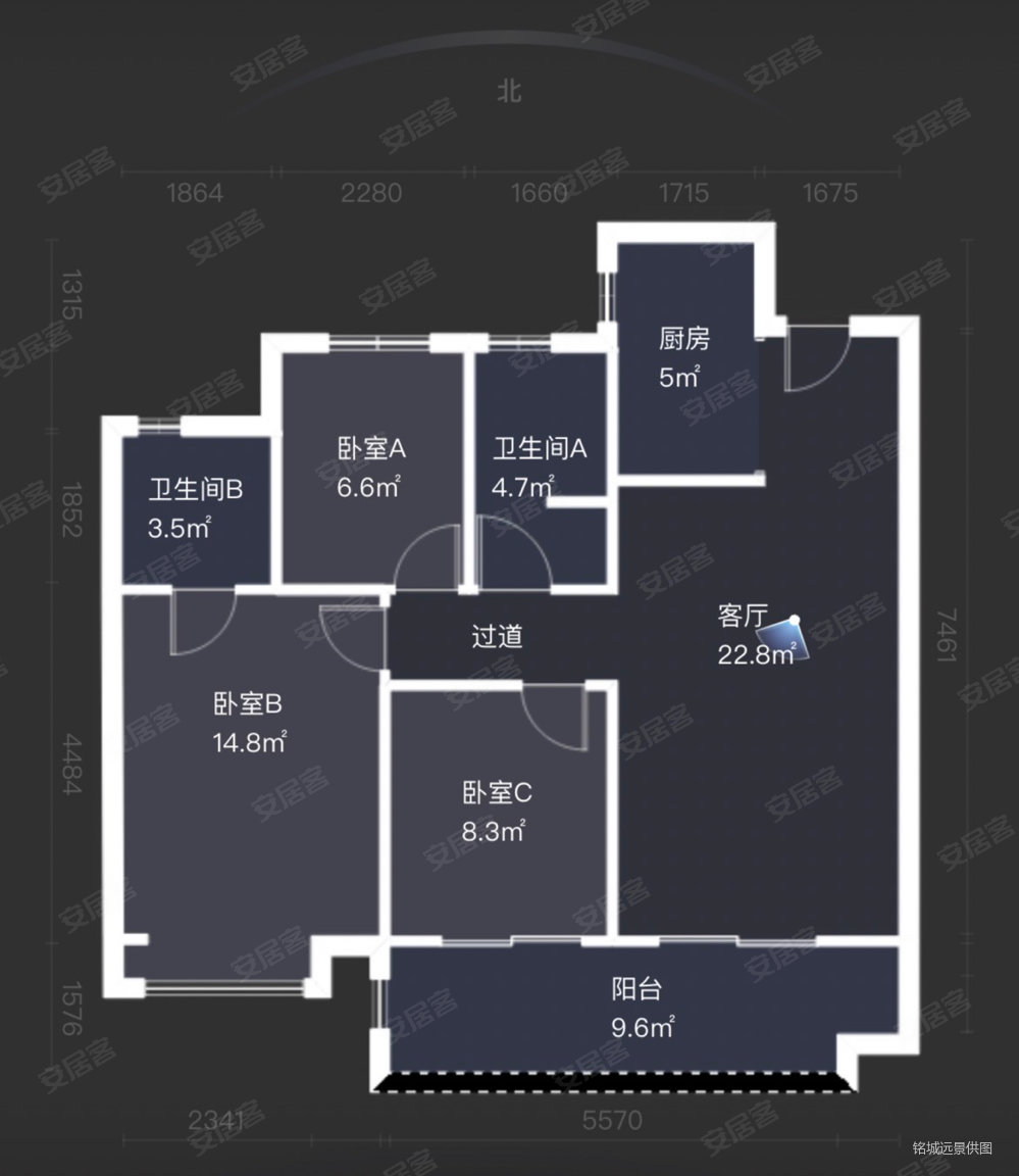 龙湖彩虹郦城(一期)3室2厅2卫102.35㎡南北115万