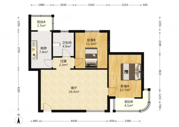 东山彩橘小区2室1厅1卫101.7㎡西南56万