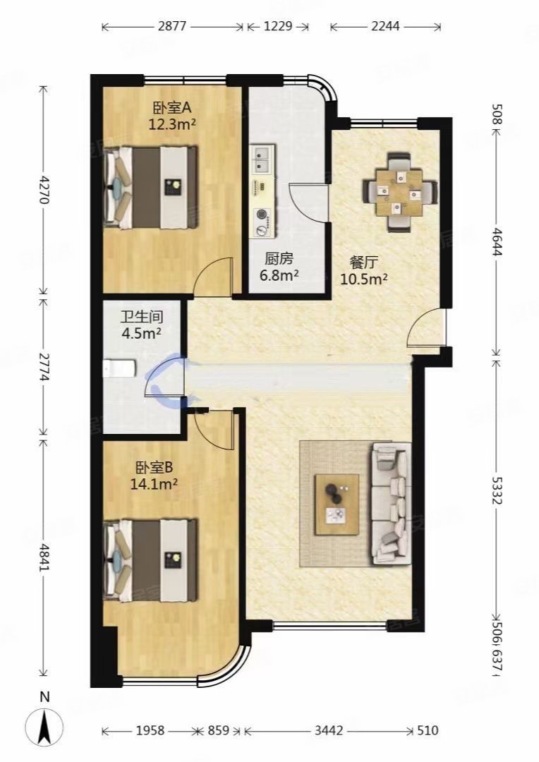 西安路富民路阳光月秀93平两室两厅南北通厅五明户型拎包住