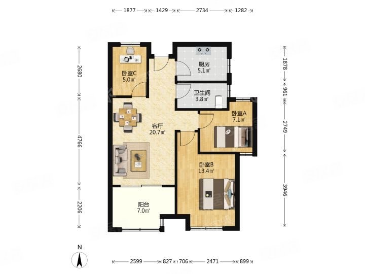 新城香溢紫郡雅苑星火路8号3室1厅1卫74平方米