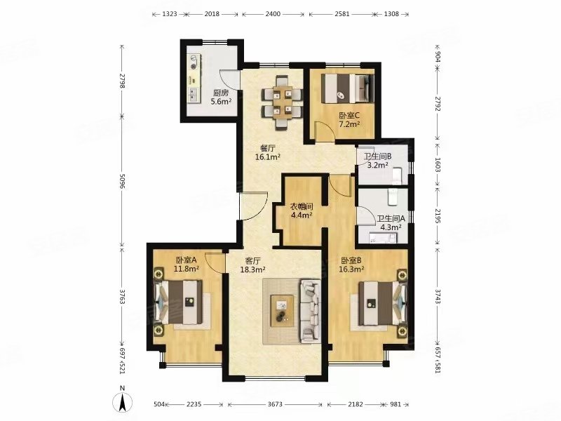 西山甲一号3室2厅2卫124.44㎡南北718万