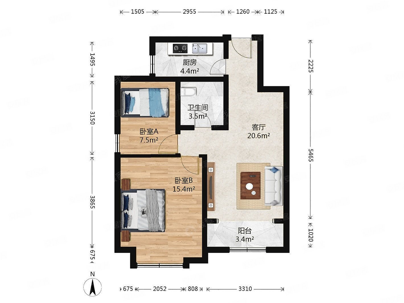 房山区蓝光海悦城2室1厅1卫1厨1阳台