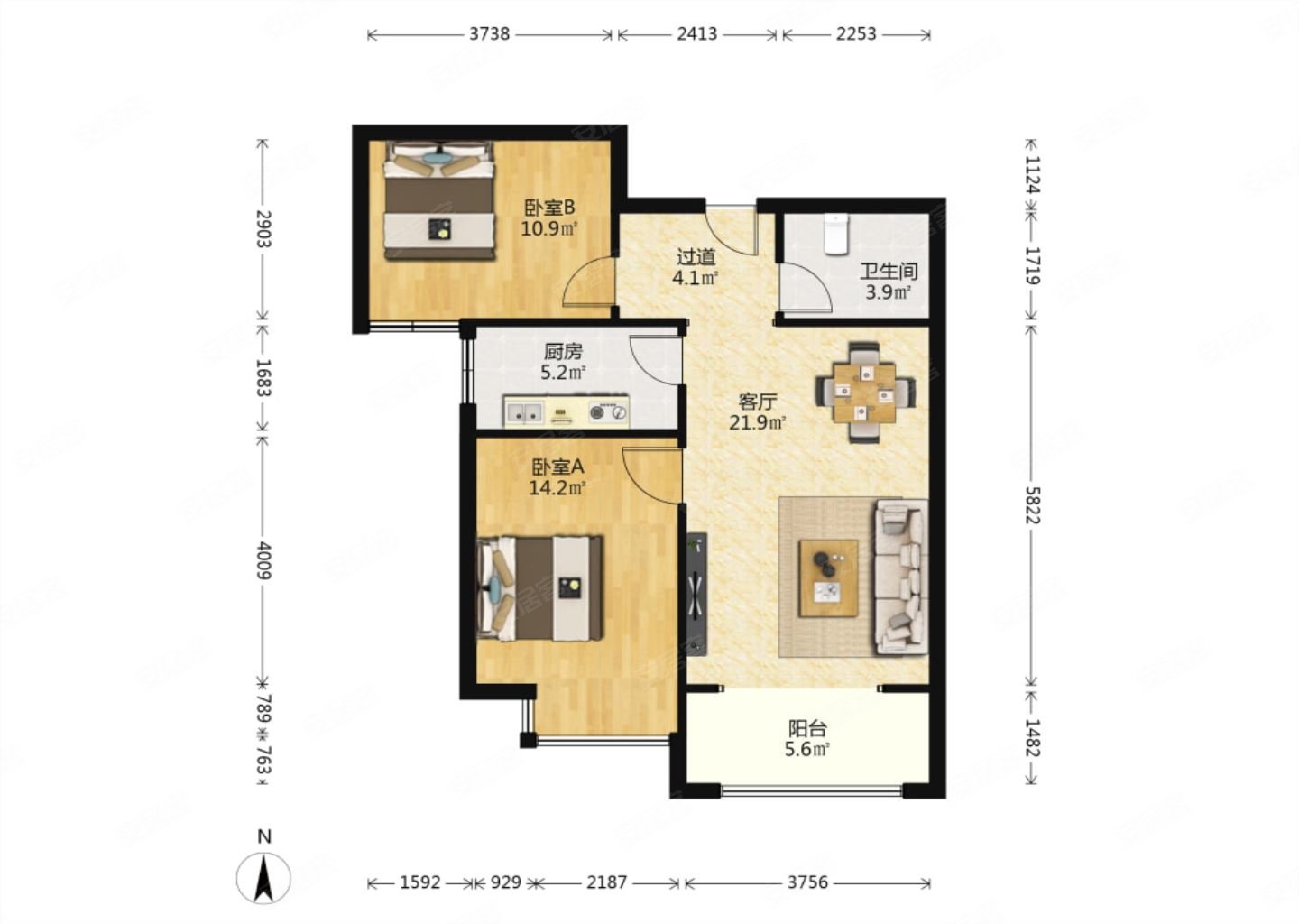 阳光台3652室2厅1卫83.63㎡南142万