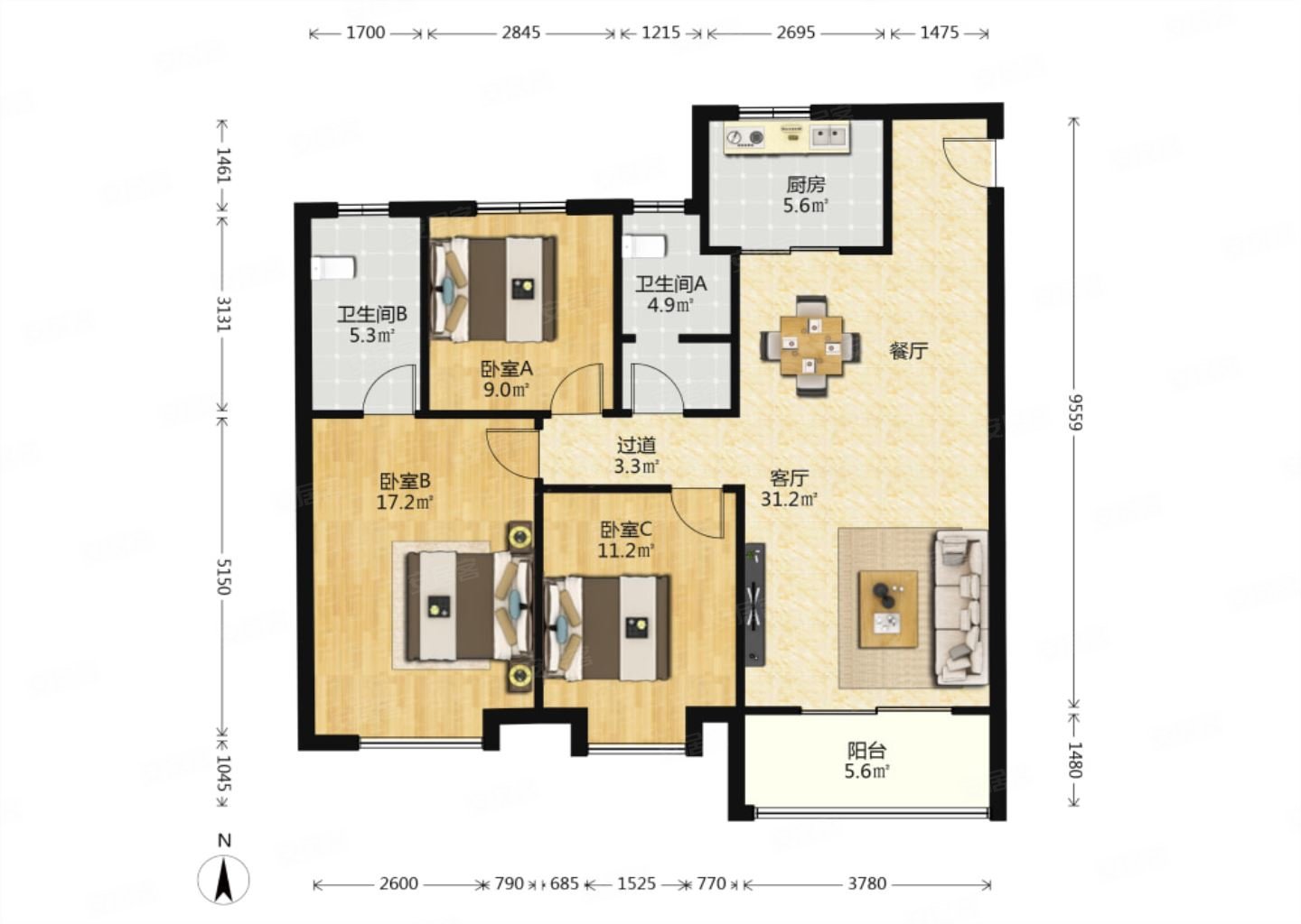 中南春溪集3室2厅2卫127㎡南北128万