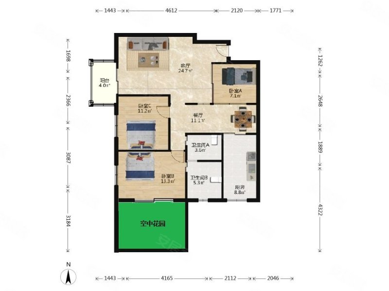 银鑫公寓2室2厅2卫118㎡南818万