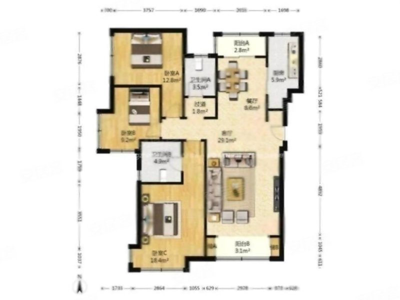 全明户型!随时看房,卢浮公馆二手房,172万,3室2厅,2卫,138.