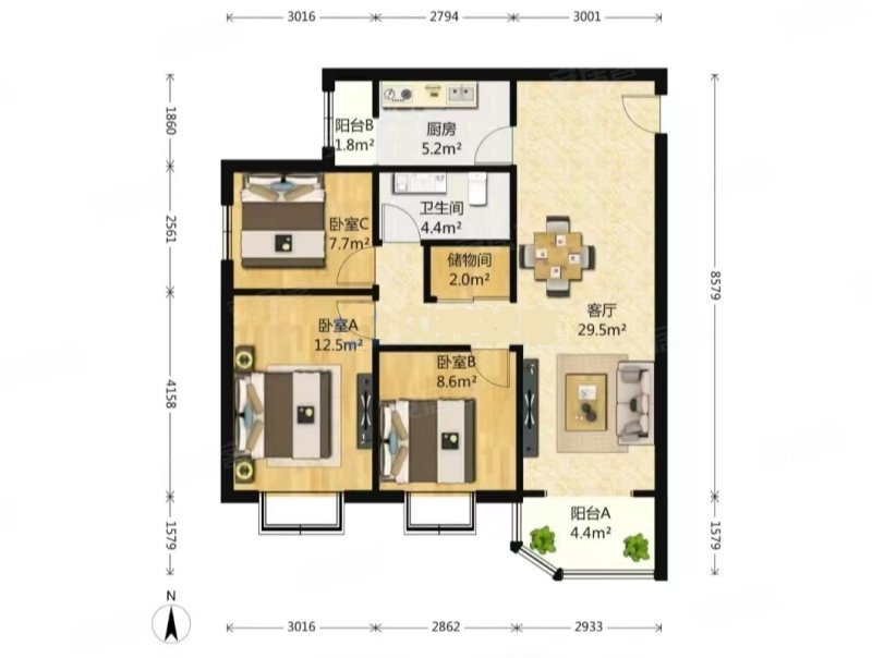 九龙花园3室2厅1卫106.6㎡西南750万