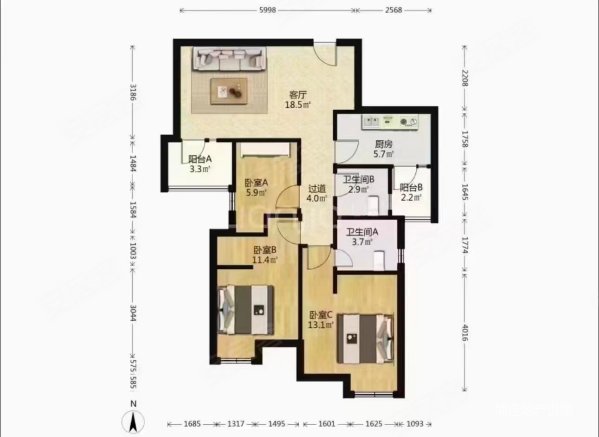盘古园府3室2厅2卫90.38㎡南北380万
