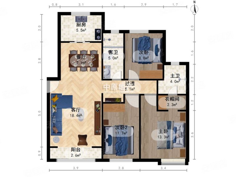 北岸中心3室2厅2卫132㎡南北308万