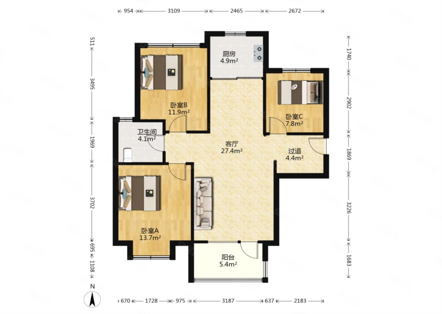 新城香溢紫郡(二期)3室2厅1卫110㎡南北208万