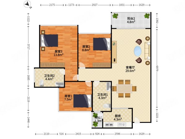 龙光玖龙台3室2厅2卫89.54㎡西南532万