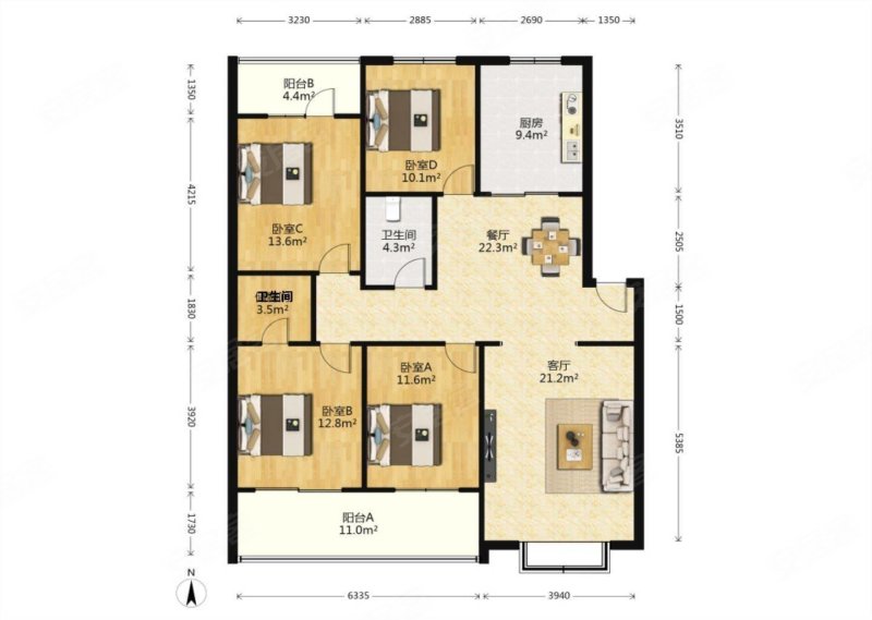四室 南北通透 中间楼层 随时看房,东方城二手房,142万,4室2厅,2卫