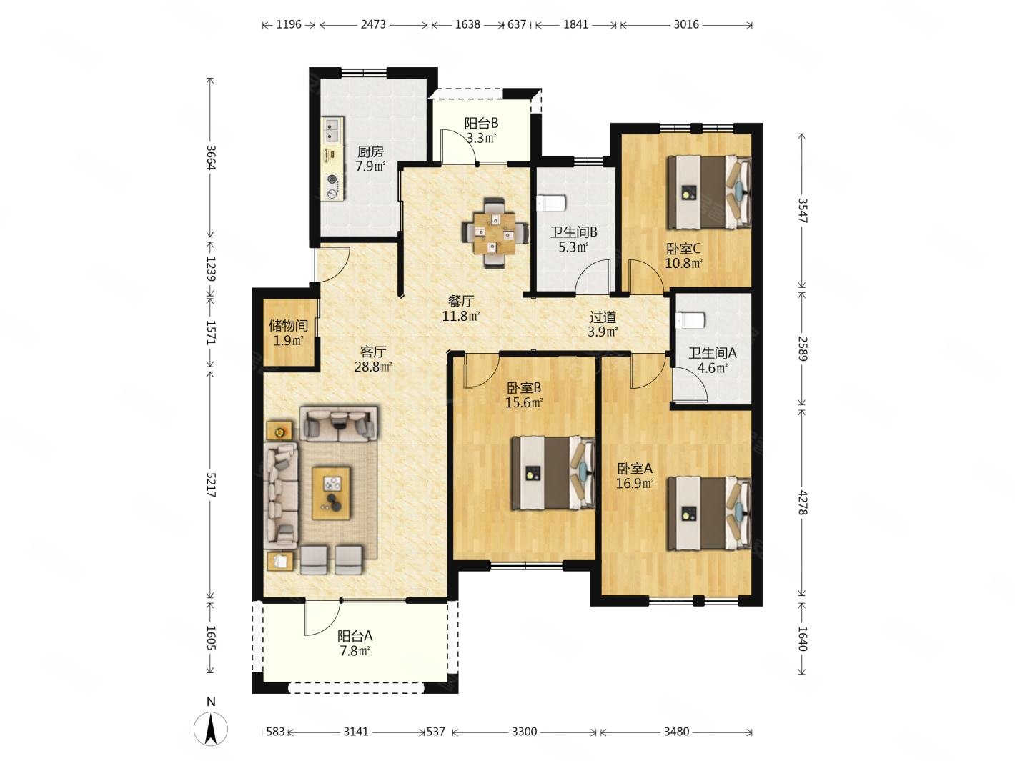 星桥桂花城3室2厅2卫135.1㎡南300万
