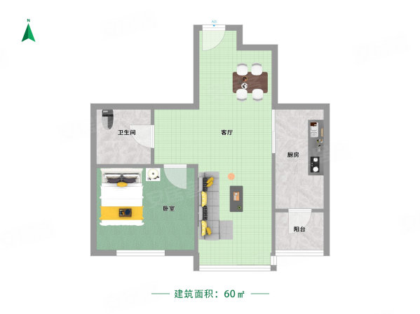 鑫丰雍景豪城1室1厅1卫60.52㎡南北70万