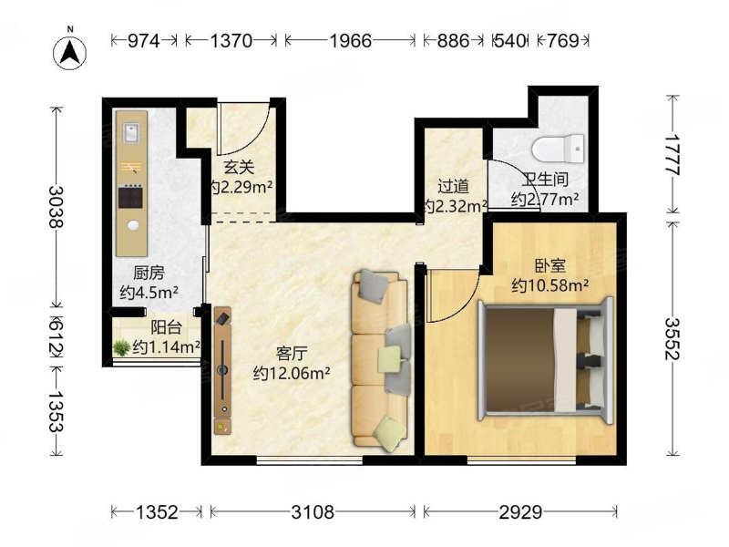 康庄路50号院 电梯房一居室 中间楼层