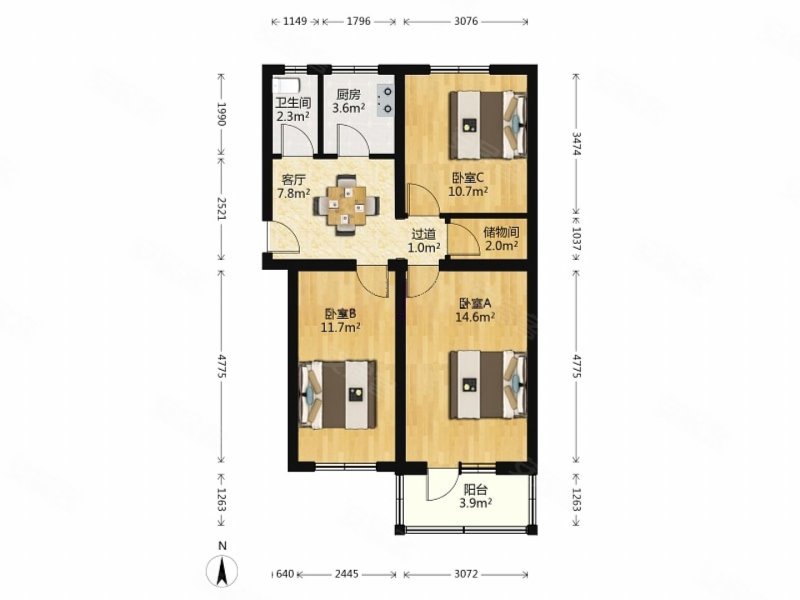 首钢古北居民区3室1厅1卫74.1㎡南北243万