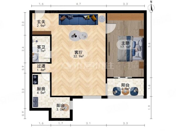 望京西园三区1室1厅1卫87.33㎡南543万