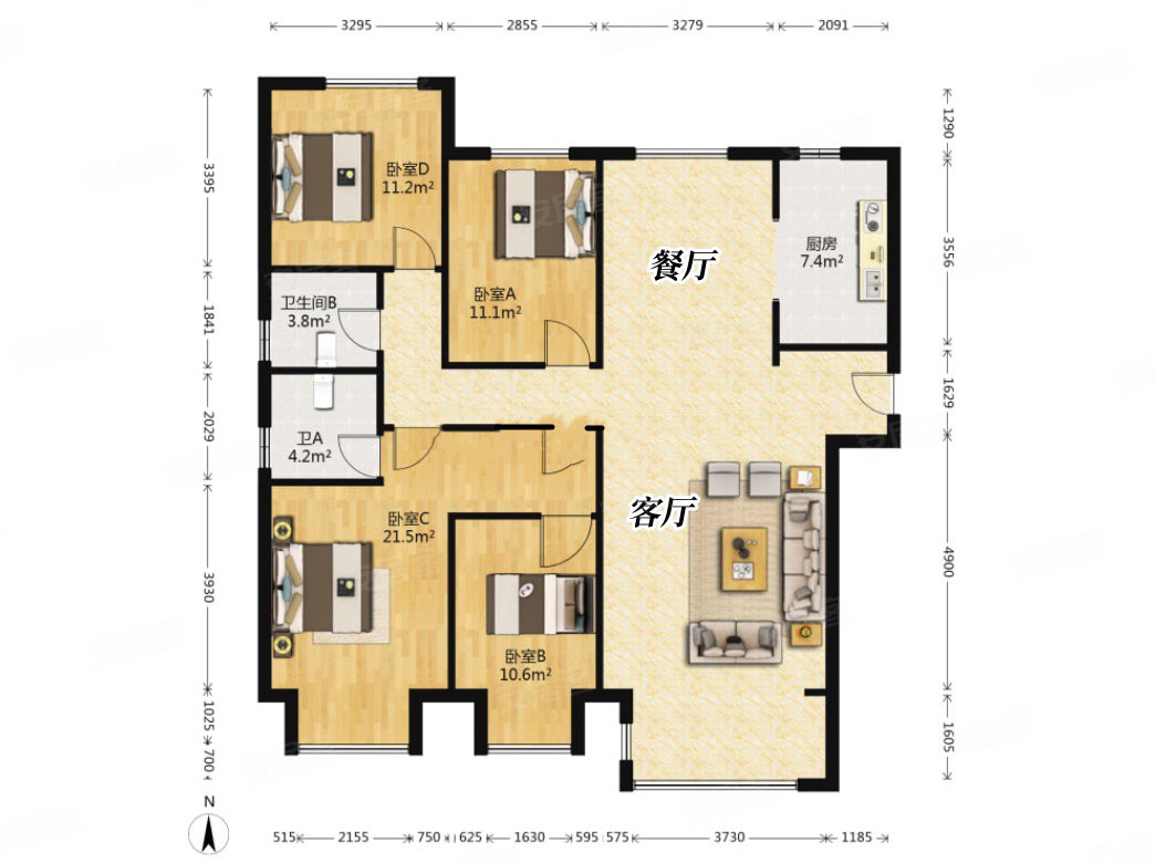 东南智汇城香峪园4室2厅2卫166㎡南北398万