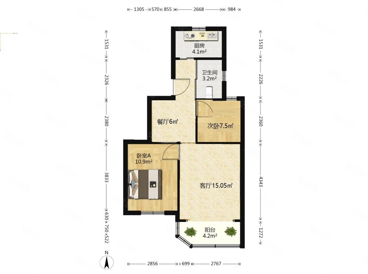 龙南五村2室1厅1卫64.93㎡南北440万