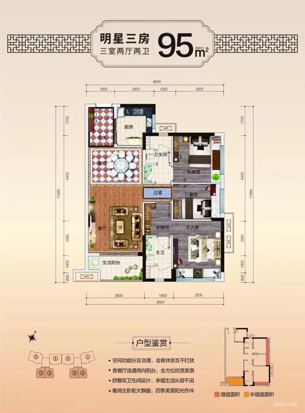 美的城精装3房2卫95平米南向三房中间层498万