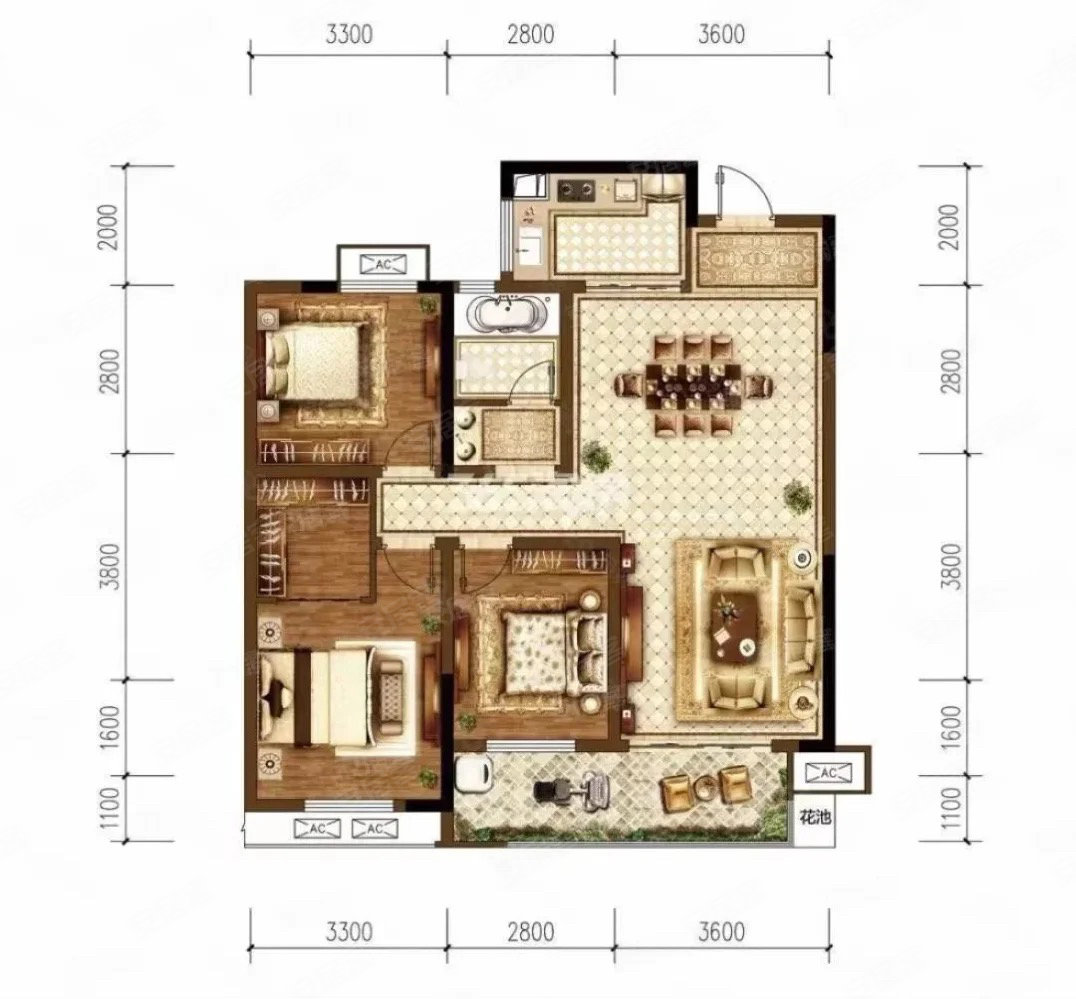 拓基鼎元里3室2厅2卫125.07㎡南北104.8万